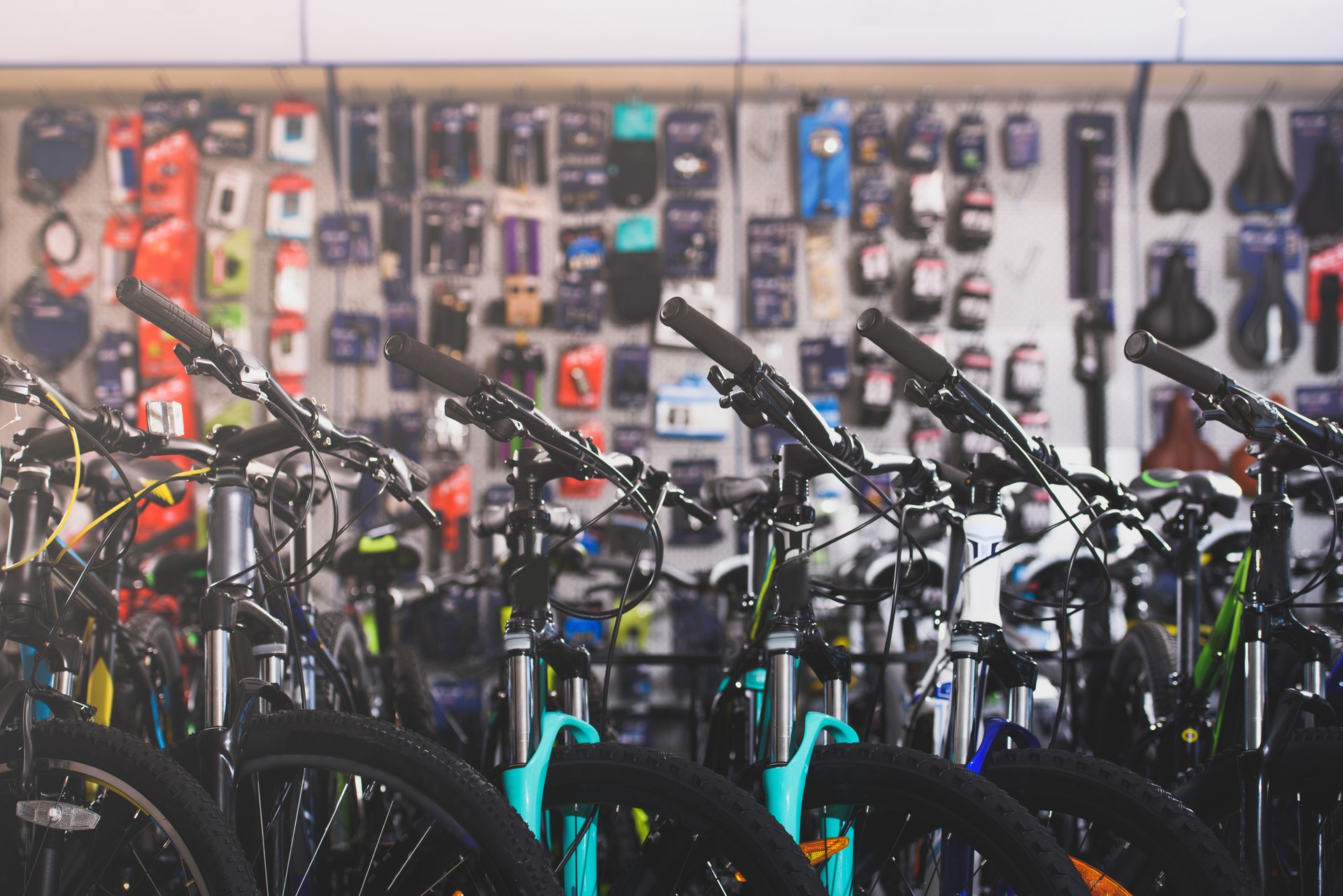 various modern bikes selling in bicycle shop